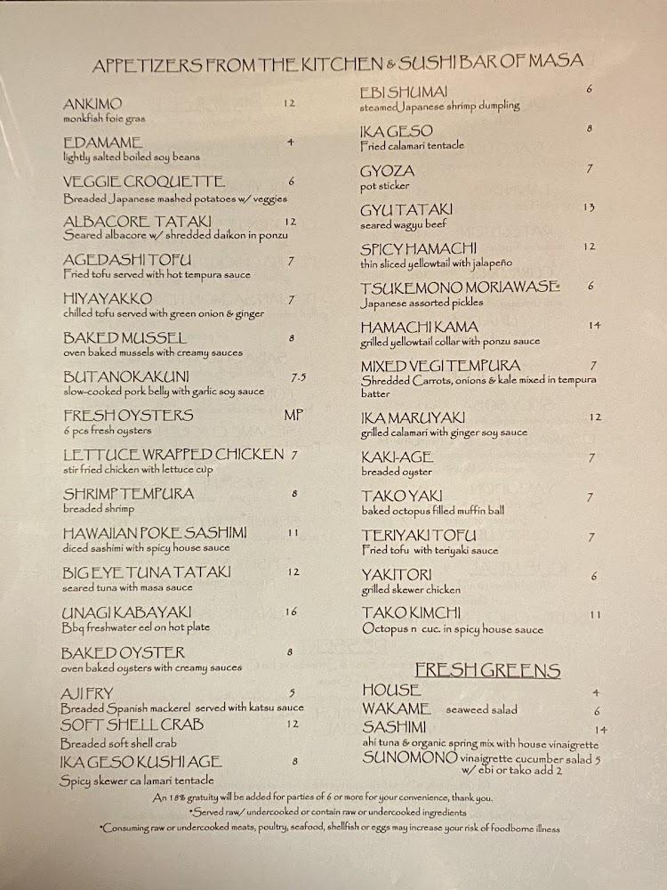 Masa | Contemporary Japanese Lounge Menu image 1